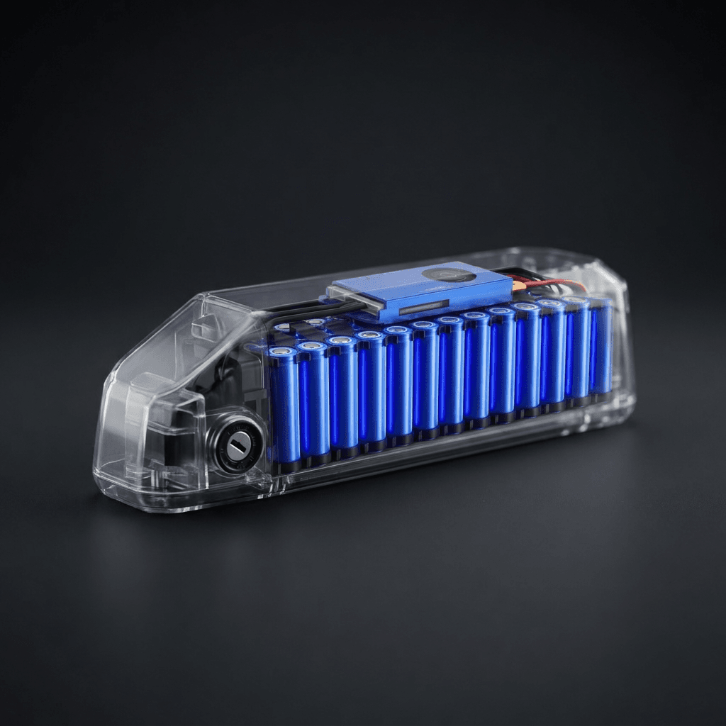 Render of the open pack: cell rows and the BMS board
