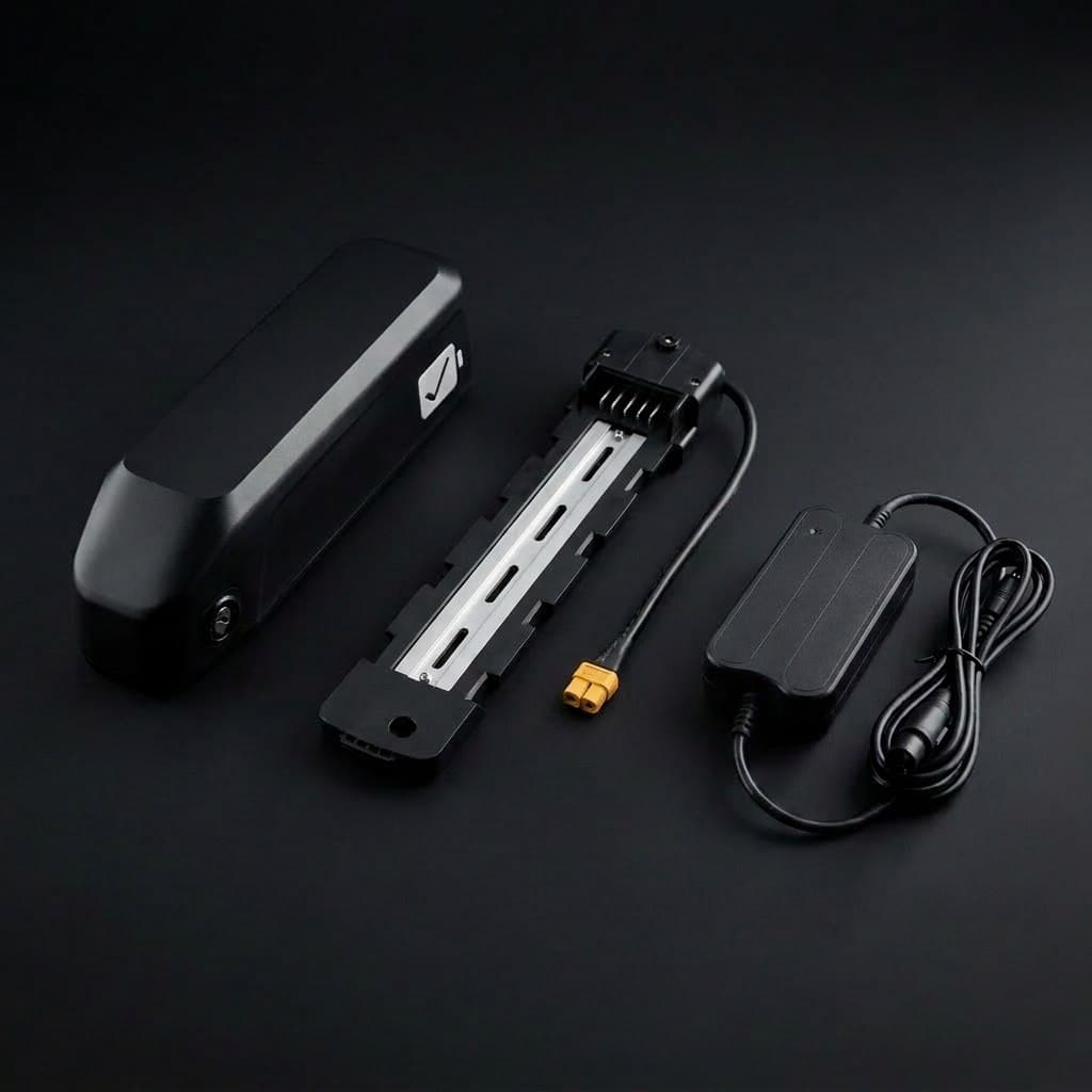 Render of the complete kit: battery pack, mount cradle, smart charger, and adapter