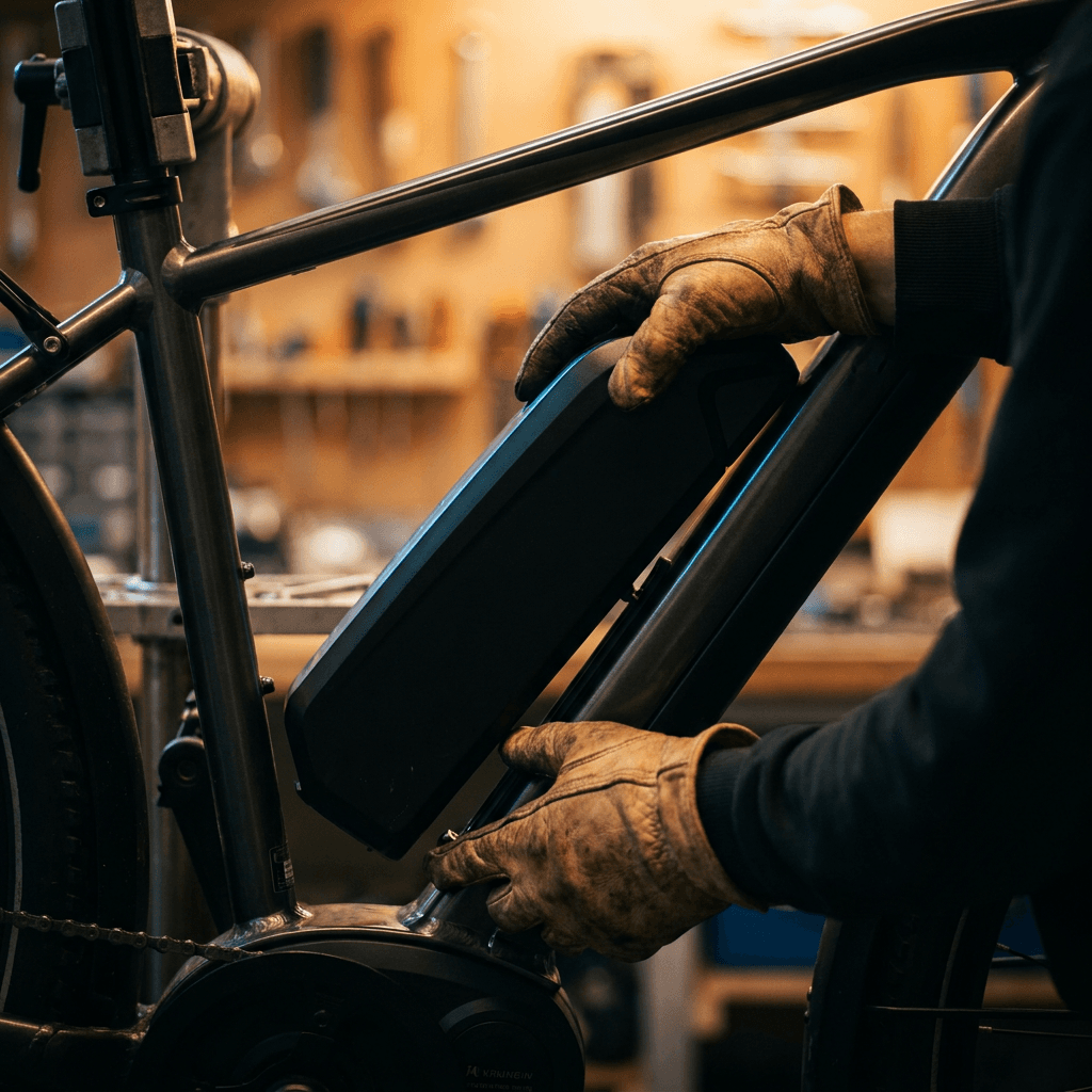 A mechanic installing a battery at the workstand